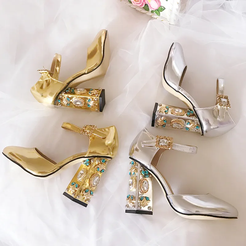 Wysyłka patent darmowe skórzane cm grube wysokie obcasy okrągłe palce u stóp buty impreza ślub Mary Jane Diamond Buckle S.