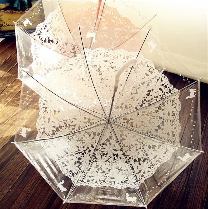 Lolita Women Podróży Parasole Romantyczny Imitacja Koronki Przezroczysty Cute Kot Długie Rękojeść Rain Snow Parasole Kreatywne Princess Parasol Gifts