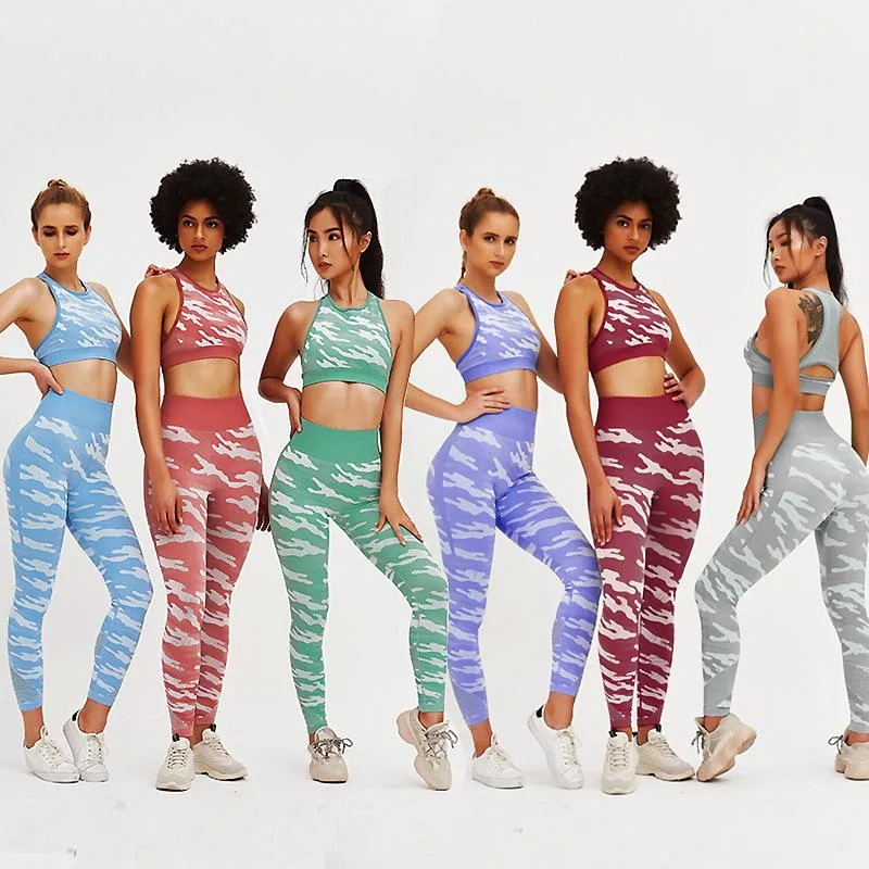 New Mesh Splicing Camouflage Slim Yoga Yoga Set Sport kostym Kvinnor Fitness Kläder 2-Piece Fitness Tracksuit Leggings