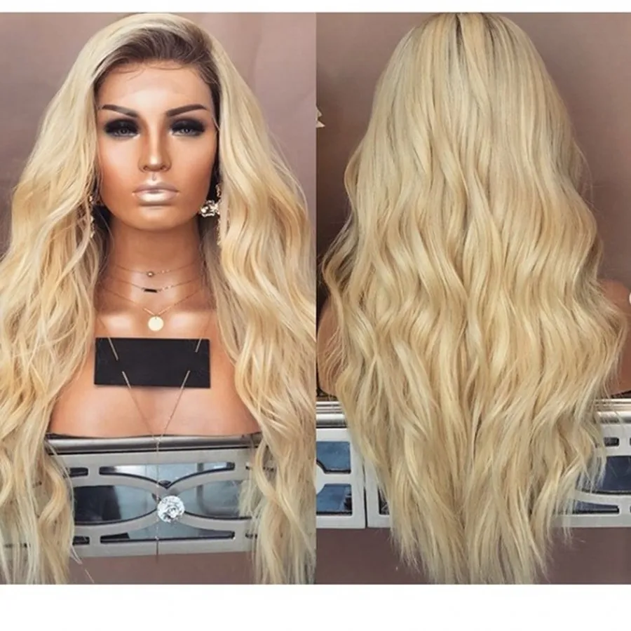 Mode haar blonde ombre kant front pruik synthetische 26 inch lange natuurlijke golf pruiken met donkere wortel voor vrouwen hittebestendige vezel 180 dichtheid