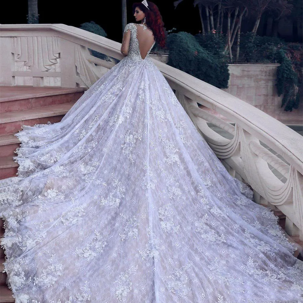 2022 Cathedral Train Wedding Gowns Dresses Beaded Lace Applique Dubai Arabic Long Sleeve Bridal Gown Illusion Backless Vestido de Noiva Plus Size