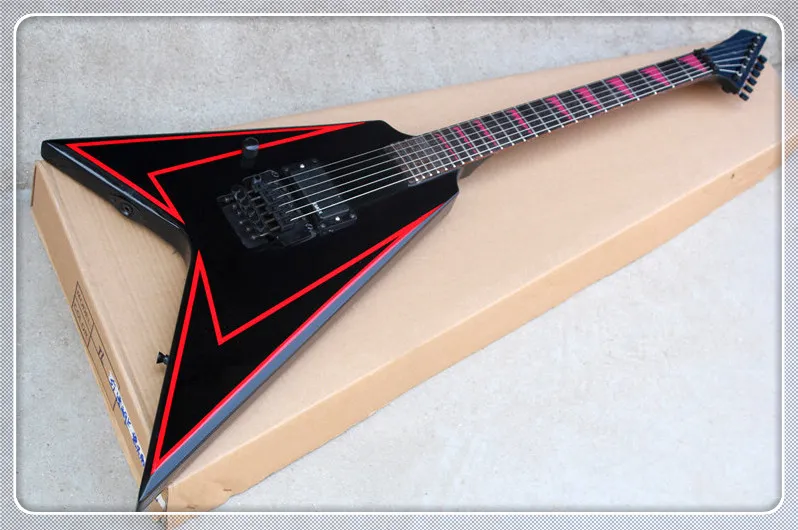 Canhoto Special V Shape Body Black Hardware Ponte Tremolo Guitarra elétrica com escala de pau-rosa, porca de travamento