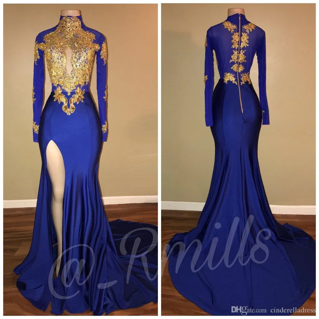 2020 New Royal Blue High Collar With Gold Lace Applique Long Sleeves Evening Dresses Mermaid Split Side High Vintage Party Prom Gowns