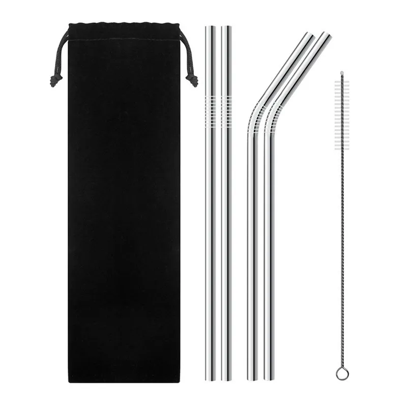 6pcs/set Stainless Steel Straws Reusable Drinking Straws High Quality Straw Bent Metal Silver Drinking Straw with Brush