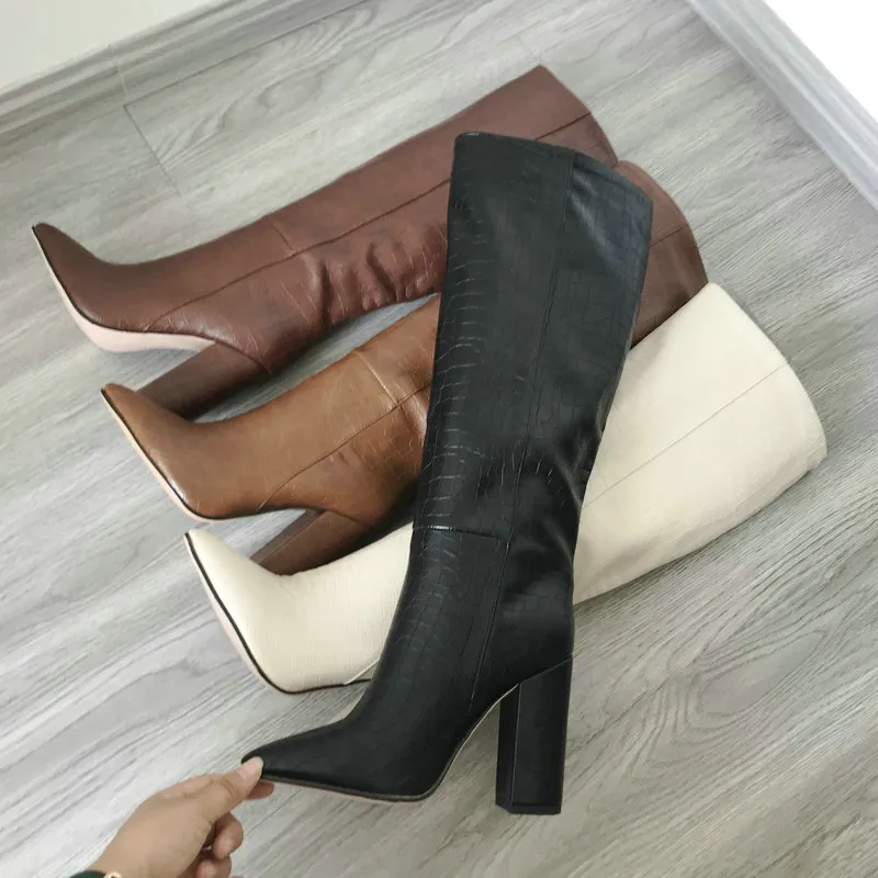 Hot Sale-Designer Faux Leather Women Knee High Boots Pointed Toe Boots Women Long Chunky Block High Heel Boots Black Apricot Brown