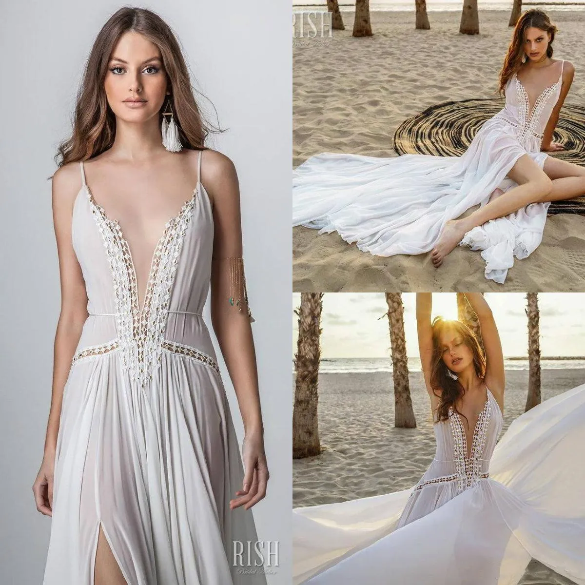 Rish vestidos boêmio sexy divisão chiffon espaguete decote em v renda apliques praia boho vestido de casamento vestidos de noiva robe de marie