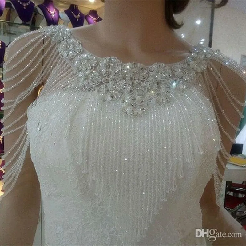 2020 Kryształowa Rhinestone Biżuteria Bridal Okładki Biała Koronka Ślubna Szal Kurtka Luksusowa Kurtka Bolero Suknia Ślubna Z Frezowaniem