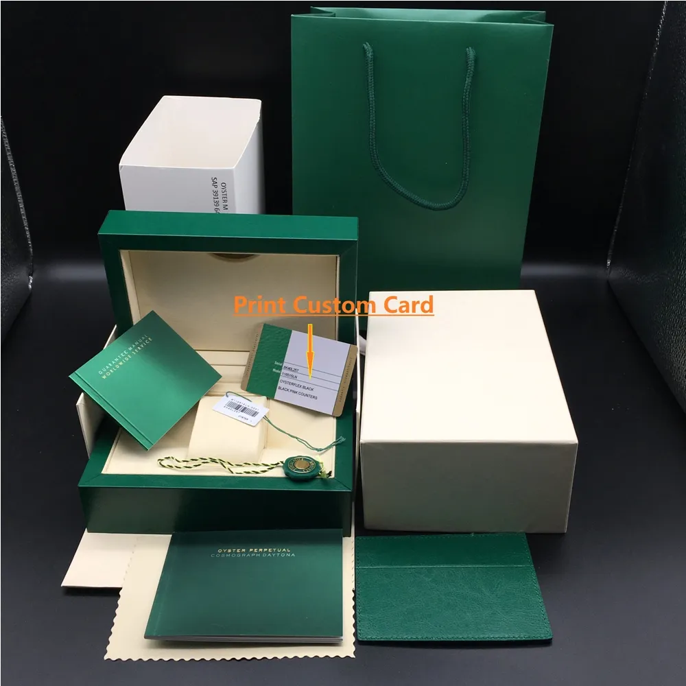 Originele correcte matching papers beveiligingskaart cadeauzakje top groen houten horlogebox voor rolex boxes boekjes horloges gratis afdrukken aangepaste kaart