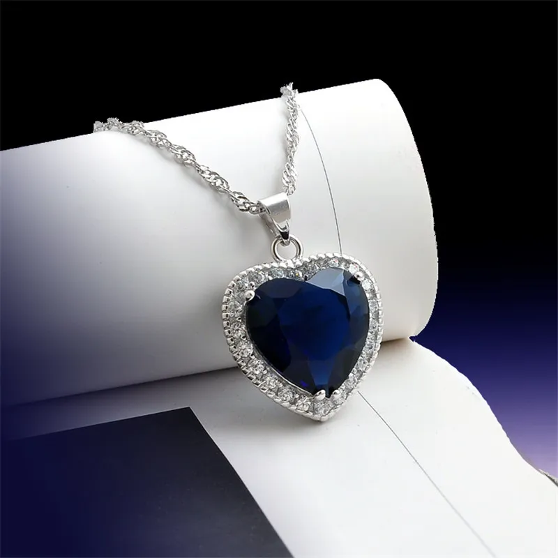 Vecalon Oceanheart Anhänger 925 Sterling Silber Blauer Zirkon CZ Hochzeit Verlobungsanhänger mit Halskette für Frauen Brautschmuck