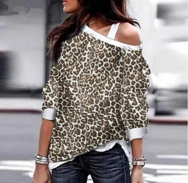 Top e T-shirt da donna invernali Felpe pullover a maniche lunghe leopardate ragazza Top larghi Top Fitness Abbigliamento femminile