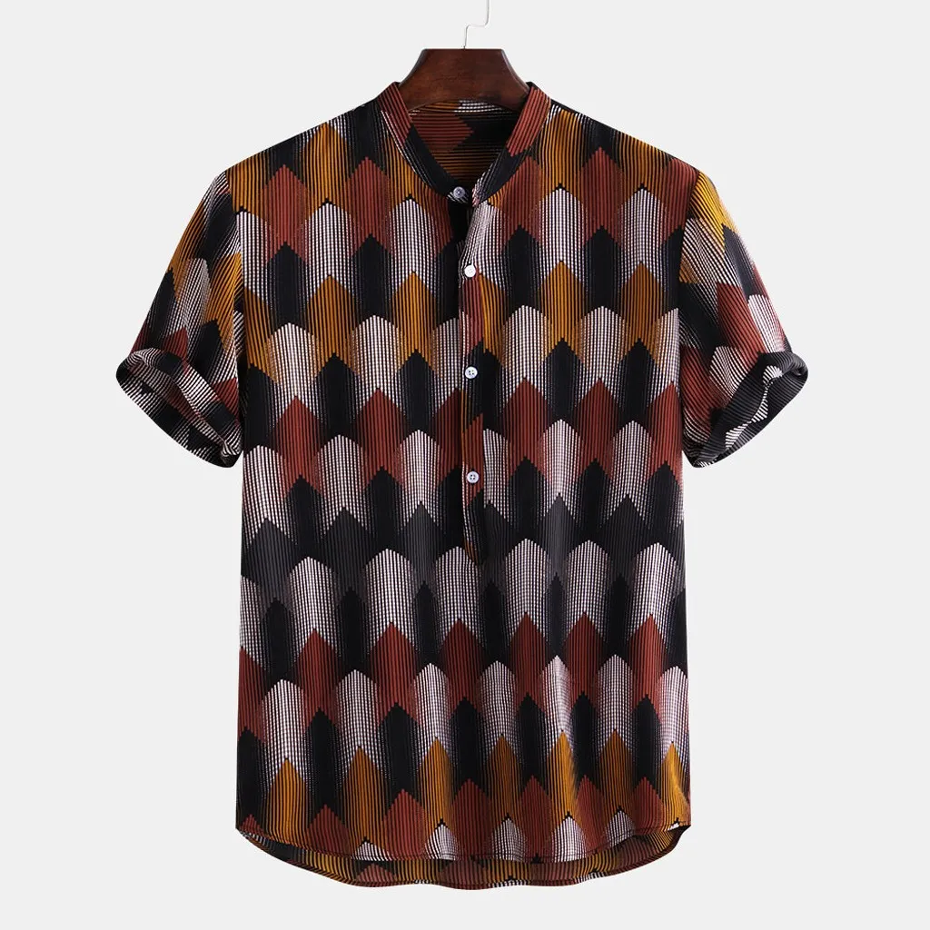 Men Hawaiian Shirt Male Casual Printed Beach Shirt Mens Funny Ethnic Printed Stand Collar Short Sleeve Loose Henley Shirts M-3XL
