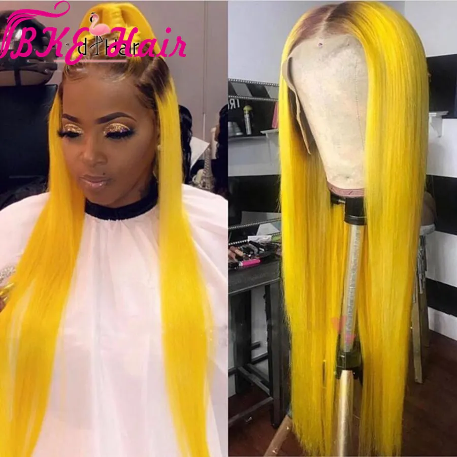 Ombre giallo con radici marroni Parrucche sintetiche frontali in pizzo Parrucche lisce lunghe pre pizzicate con capelli da bambino per donna