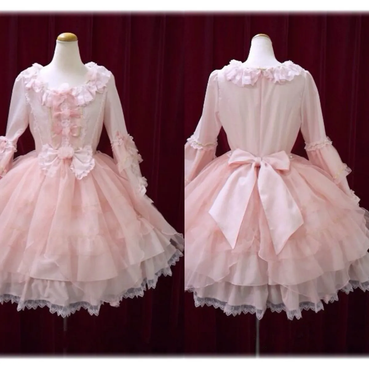 Abiti da sera Lolit rosa Gioiello Collo Manica lunga Abito da ballo carino Fiocco Appliqued Pizzo Tulle stanco Abito da festa su misura al ginocchio in chiffon