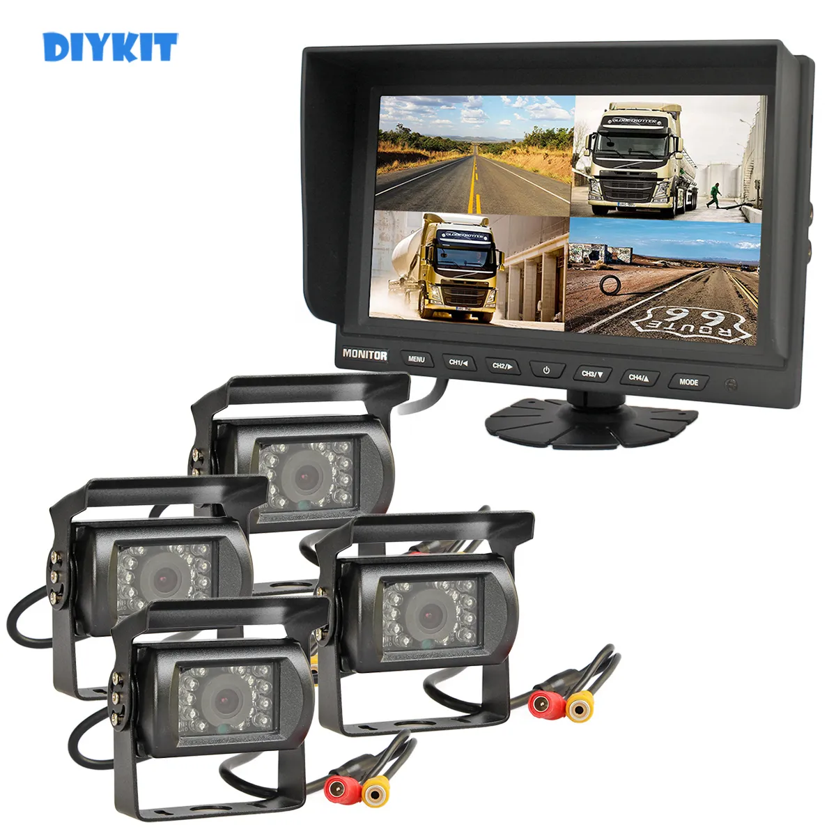 DIYKIT 4CH 9 pouces moniteur de voiture camion tracteur système de sécurité de recul 4 x CCD Kit de caméra de recul pour voiture camion Bus caméra de recul