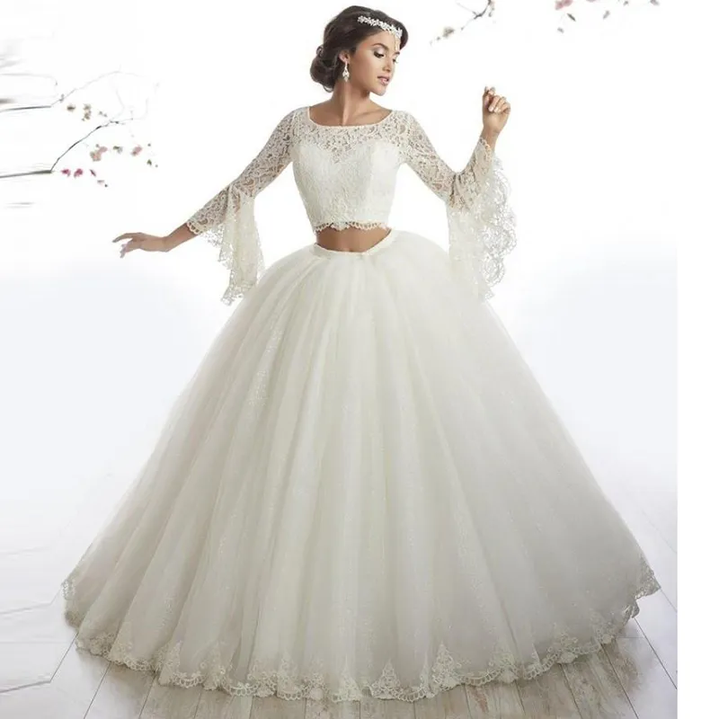 Arabic Style Lace Two Piece Quinceanera Dresses Long Sleeve vestidos de 15 anos debutante Ball Gown Prom Dress