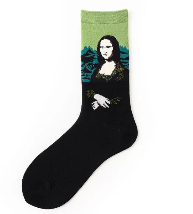 chaussettes cru huile art peinture femmes hommes coton Harajuku fameux style chaussette imprimé pdesign van Gogh Mona Lisa da Vinci drôles chaussettes rétro