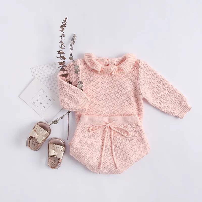 2019 Herbst Baby Girls Prinzessin Outfits Süßes Säuglingsstrick -Kleidungsstück Falbala Langarm gestrickte Pullover Tops+Shorts 2pcs Anzüge Y2572