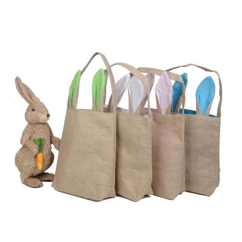 Çocuklar çuval bezi Paskalya sepeti ile tavşan kulakları 14 renk tavşan kulaklar sepet sevimli Paskalya hediye çantası tavşan kulaklar Paskalya yumurtaları