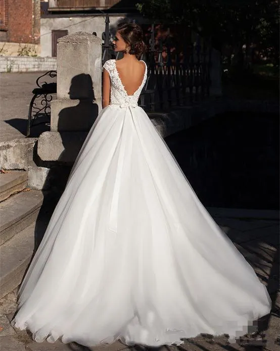 Sheer Neck Cap Sleeved Long Wedding Dress With Corset Low Back Lace Bodice  Bridal Gown With Removable Beaded Sash Bride Dress Custom Made From 98,26 €