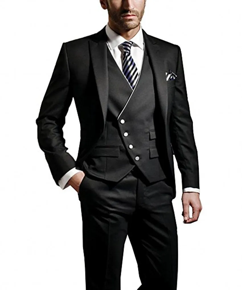 Moda Siyah Damat Smokin Tepe Yaka Groomsmen Erkek Gelinlik Popüler Adam Ceket Blazer 3 Parça Suit (Ceket + Pantolon + Yelek + Kravat) 973