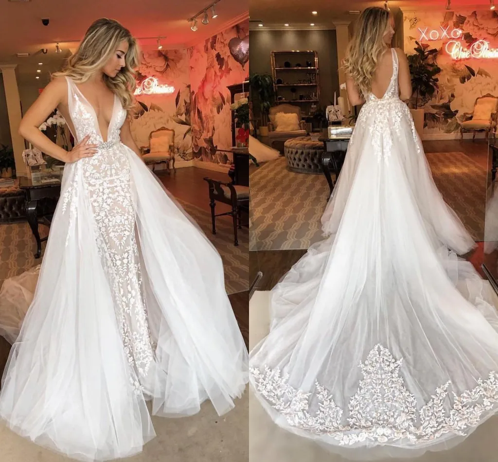 Robes de mariée blanches élégantes 2019 avec train détachable en dentelle robes de mariée col en v dos nu robe de mariée sirène, plus la taille