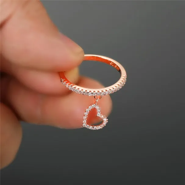 Cute Love Heart Dangle Thin Rings For Women Rose Gold Silver Color White Zircon Wedding Ring Stacking Daily Jewelry