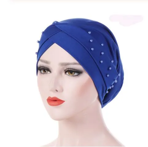 New Women Elastic Turban Hat Muslim Hijab Islamic Jersey Beads Chemo Cap Ladies Hijab Stretch Head Wrap Head Scarf GB944