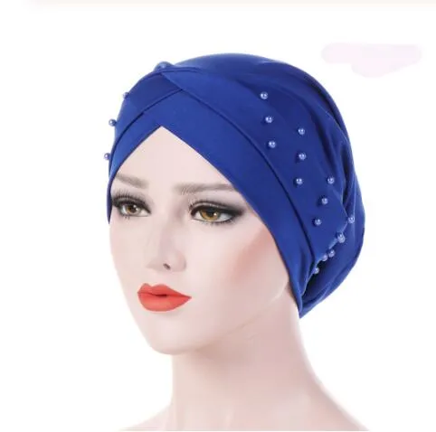 Nya Kvinnor Elastisk Turban Hat Muslim Hijab Islamic Jersey Beads Chemo Cap Ladies Hijab Stretch Head Wrap Head Scarf GB944