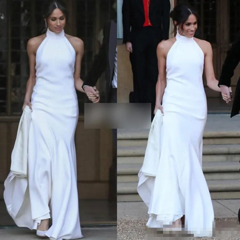 Elegant White Mermaid Wedding Dresses 2019 Prince Harry Meghan Markle Wedding party Gowns Halter Soft Satin Wedding Recept Dress