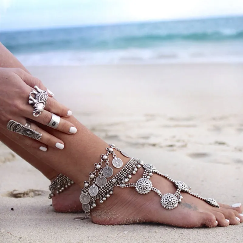 الكاحل سوار الزفاف عملة صنادل بيرفوت شاطئ مجوهرات القدم مثير فطيرة الساق سلسلة أنثى بوهو عملة خلخال