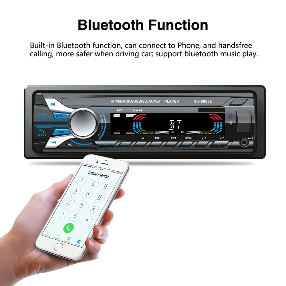 12 V 1 DIN Dijital Bluetooth Araba Radyo Ses Stereo FM Radyo MP3 Çalar Ön Ayrılabilir Panel Desteği SD / FM / AUX / USB