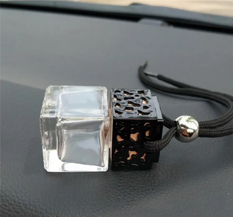 Bil parfymflaska kub bil hängande bakre prydnad luftfräschare för eteriska oljor diffusor doft tomglas flaskor