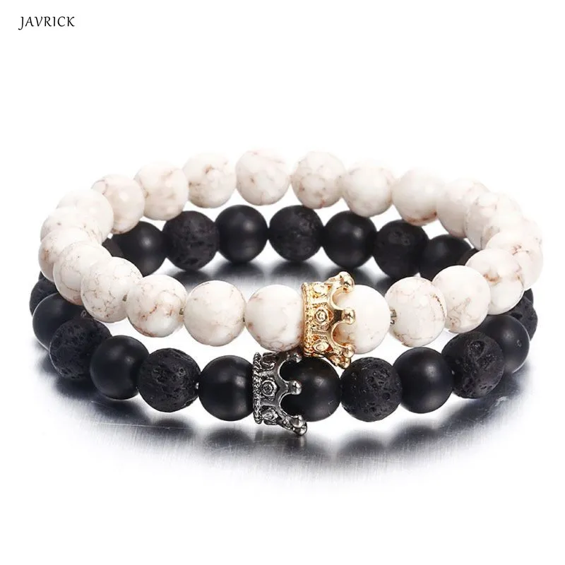 Coppia Bracciali Nero Bianco Pietra Perline Bracciali Corona Distanza Gioielli Amante