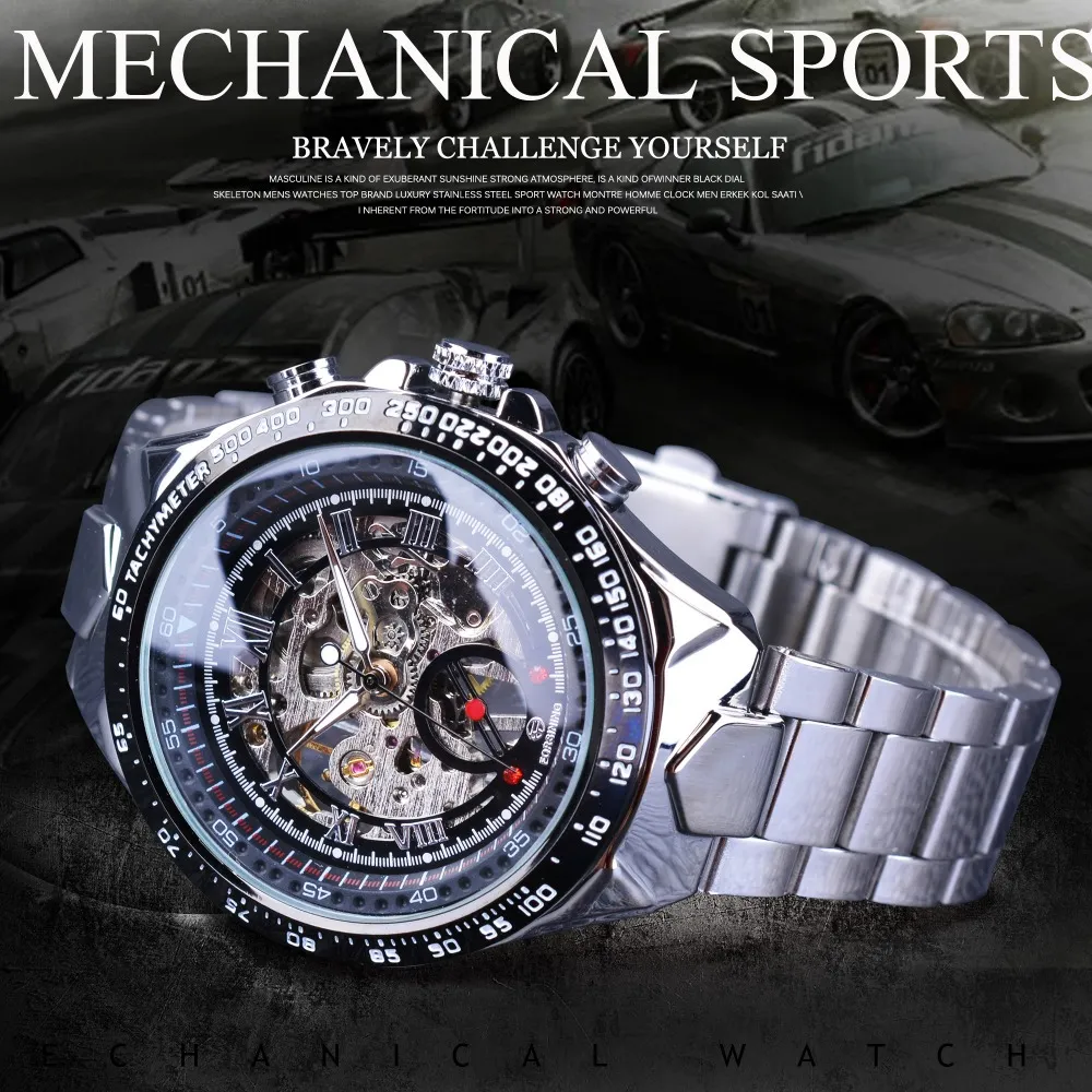 ForSining Watch Armband Set Combination Transparent Silver Steel Band Mechanical Skeleton Sport Wrist Watches Män varumärke Clock187s