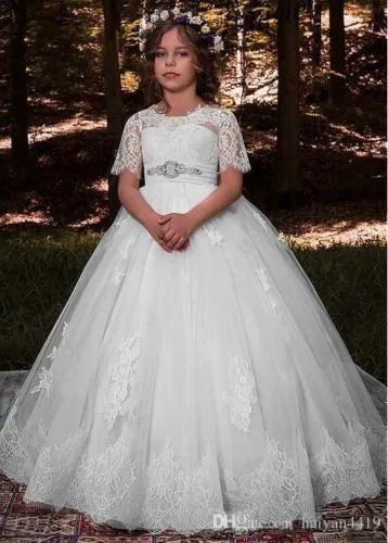 Short Sleeve Lace Lace Sleeve Communion Dress With Bow Ball Gown Perfect For First Communion Pageants And Special Occasions From Hongfei789 48.78 DHgate.Com