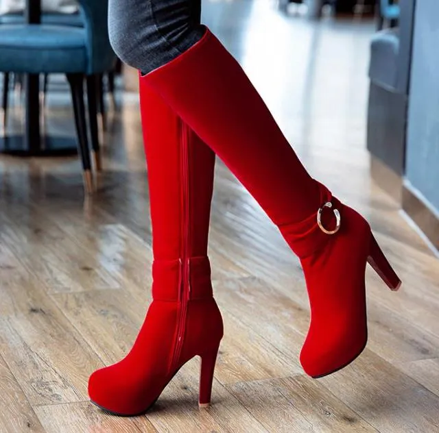 Small Big size 32 To 42 43 Red Wedding Boots Designer Shoes Chunky Heels Platform Knee High Boots Synthetic Suede Winter