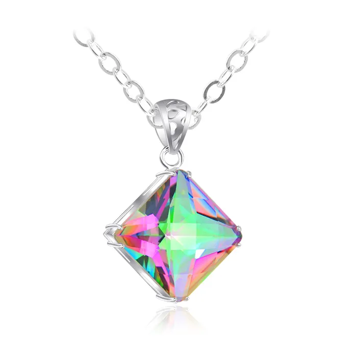 Luckyshine New Women Square Rainbow Natural Mystic Topaz Gems Silver Necklace Party Wakacje Biżuteria Prezent