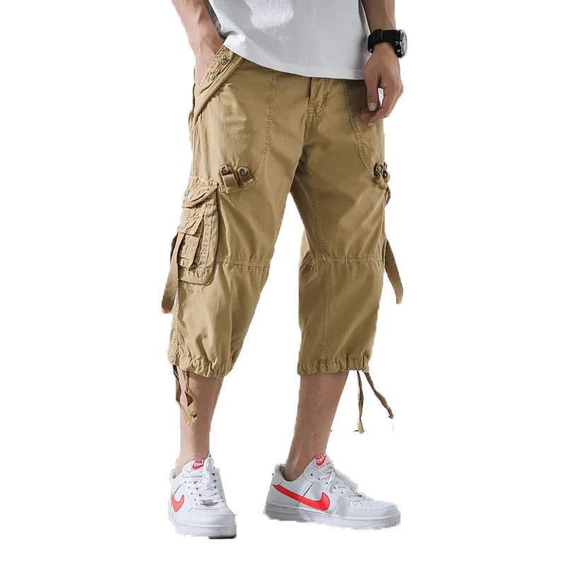 Men Cargo Pants Mens Casual Calf-Length Pants Man Loose Cropped Trousers Multi-pocket Beamed Overalls Male Sports Short 40