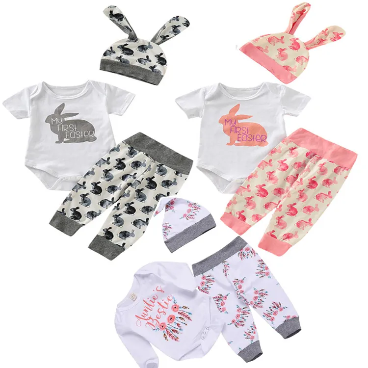 Cute Baby Neonato Ragazza Ragazzo Cartoon Prima Pasqua 3D Bunny Abiti Pagliaccetto Orecchie di coniglio Top + Cappello + Pantaloni 3 pezzi Set vetement