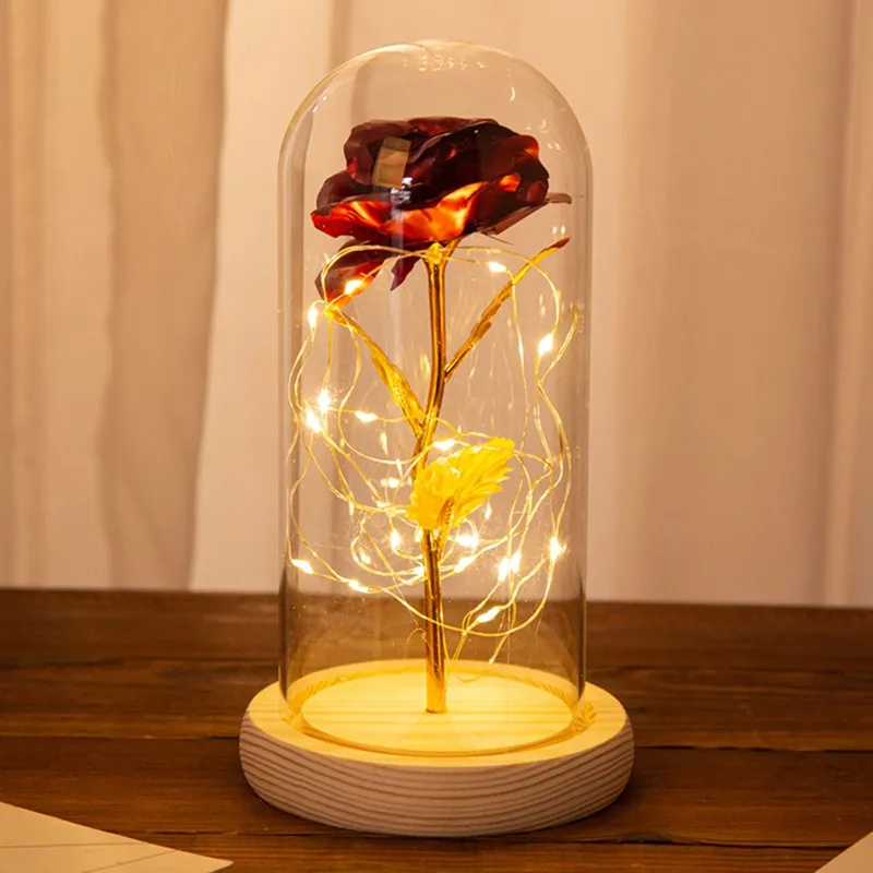 인공 꽃과 나무 돔에서 유리 돔에서 인공 꽃과 LED 장미 빛 문자열 발렌타인 결혼식 선물 LED 장미 램프