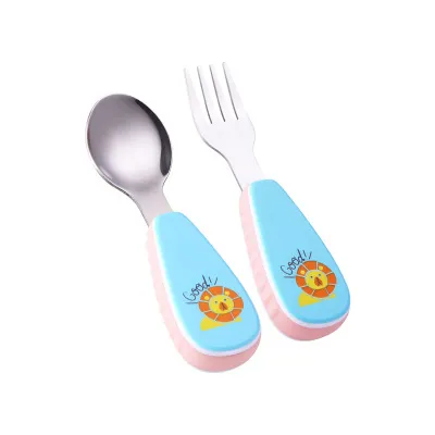 2 pezzi forchetta cucchiaio in acciaio per bambini stoviglie in silicone articoli da cucina set da tavola set di posate per cartoni animati set di stoviglie per l'apprendimento del bambino