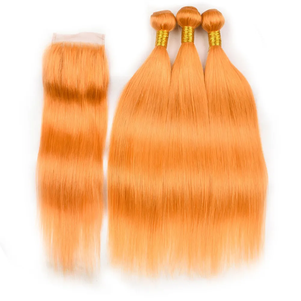 Bundles de cheveux orange raides avec fermeture Pure Orange Straight Indian Hair 3Bundles avec fermeture à lacet 4x4 Extensions de cheveux orange