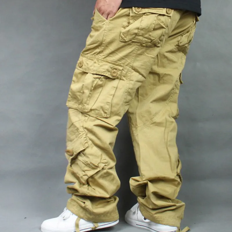 Mens Fashion Pocket Cargo Pants Loose Fit Casual Mens Beige Cargo