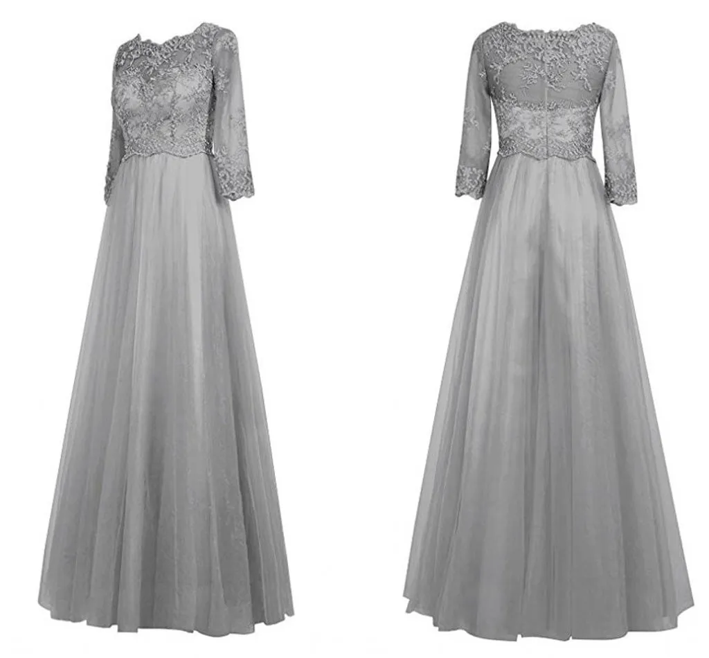 2019 argent dentelle élégante soirée robes de soirée robe de maman grande taille Bateau en mousseline de soie Mariage mère de la robe de mariée sur mesure