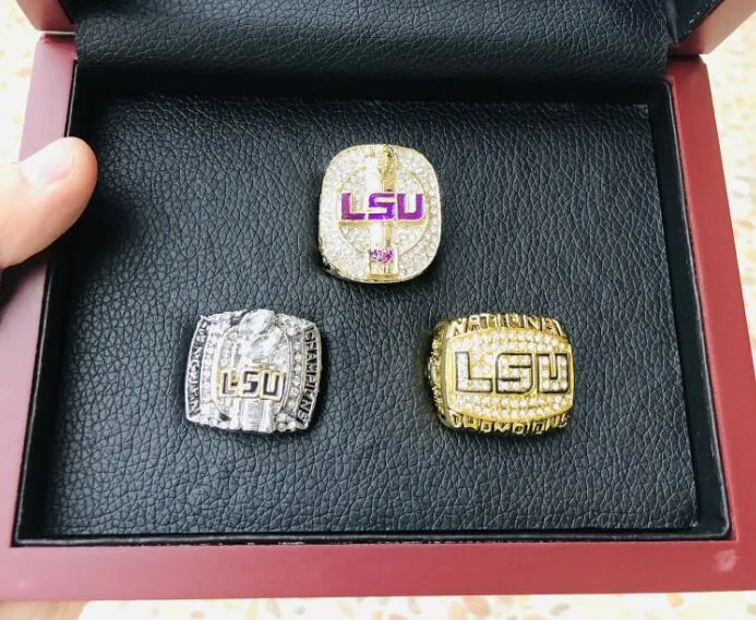 LSU 3pcs 2003 2007 2018 Tigers nationals Team champions Championship Ring With Wooden Box Souvenir Men Fan Gift 2019 2020 wholesal