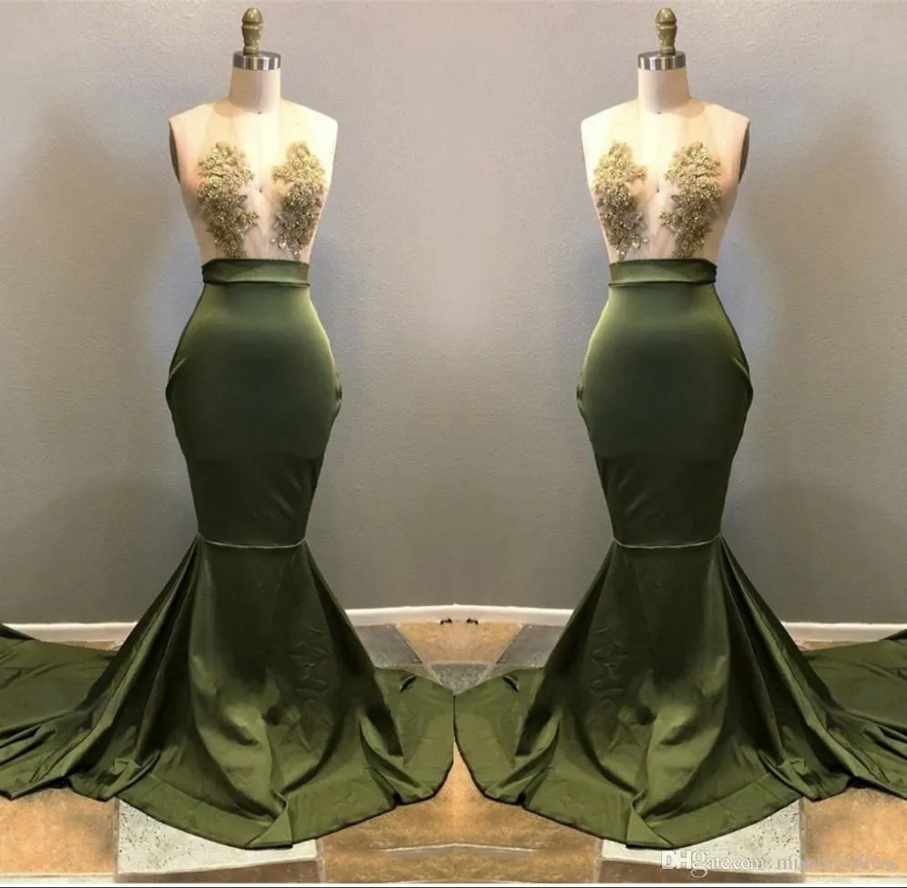 Sexig Olive Green Halter Mermaid Long Prom Klänningar Sheer Neck Lace Appliqu Satin Court Train Formell Party Evening Gowns Custom