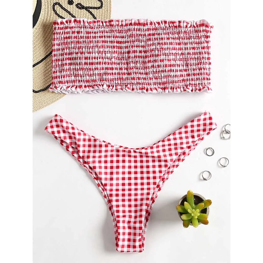 Azulina Strapless Checkered Shirred Bikini Smocked Bandeau Bikini | Hot ...