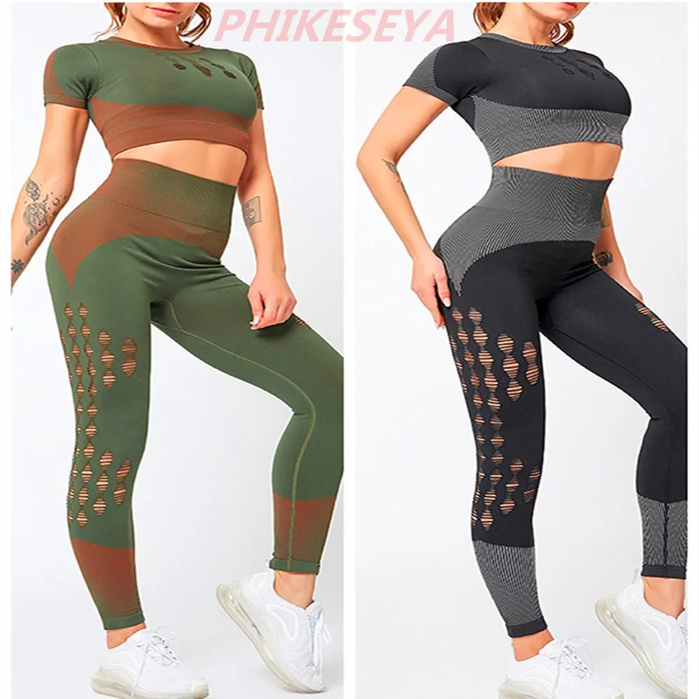 Women Seamless Hollow Fitness Sport Set Tight Crop Top Leggings Pants  Sportwear Cotton Workout Clothes Yoga Suit Fitness Gym Set From 14,15 €