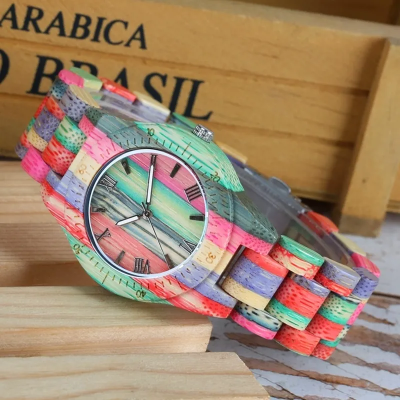 Uomo Donna Moda Legno colorato di bambù Orologio al quarzo analogico a mano pieno di legno Bracciale orologi da polso di lusso Regali per gli amanti J190715