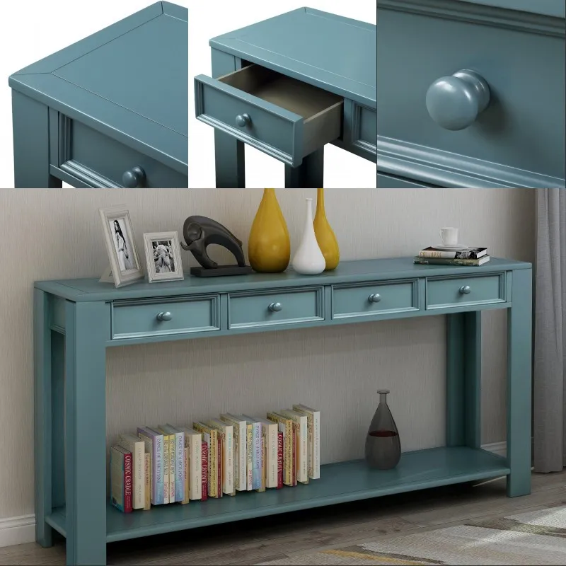 Dark Blue Console Table For Entryway Hallway Sofa Table With Storage Drawers Bottom Shelf From
